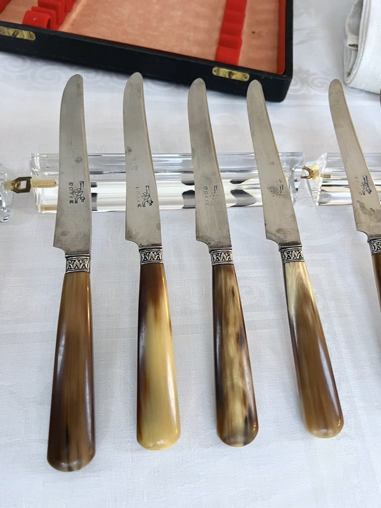 Couteaux à Entremets - Manches En Corne Bovine Et Viroles En Métal Argenté-photo-3