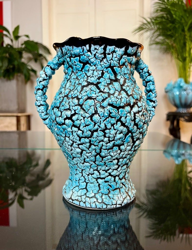 Vase Céramique Vallauris Vintage - Bleu Et Noir