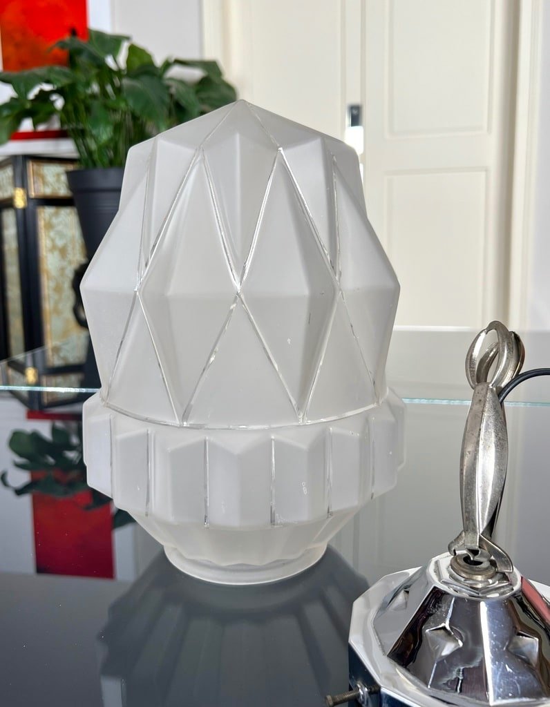 Art Deco Pendant - Chromed Metal And Frosted Glass-photo-4