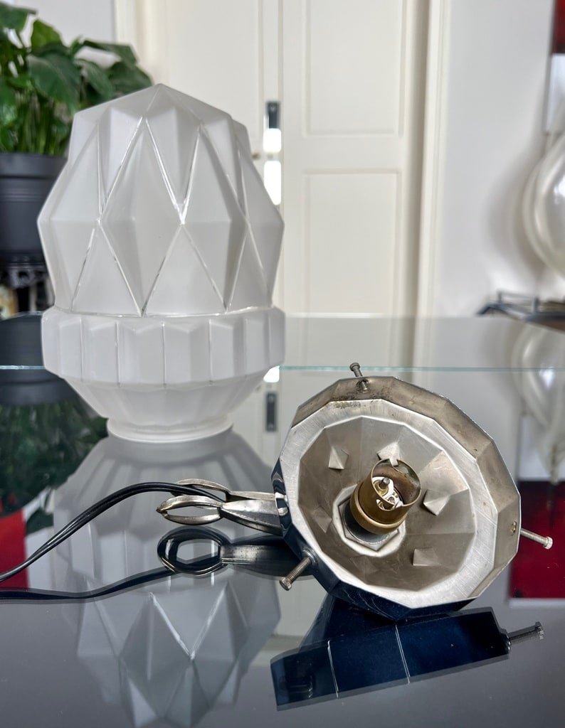 Art Deco Pendant - Chromed Metal And Frosted Glass-photo-1