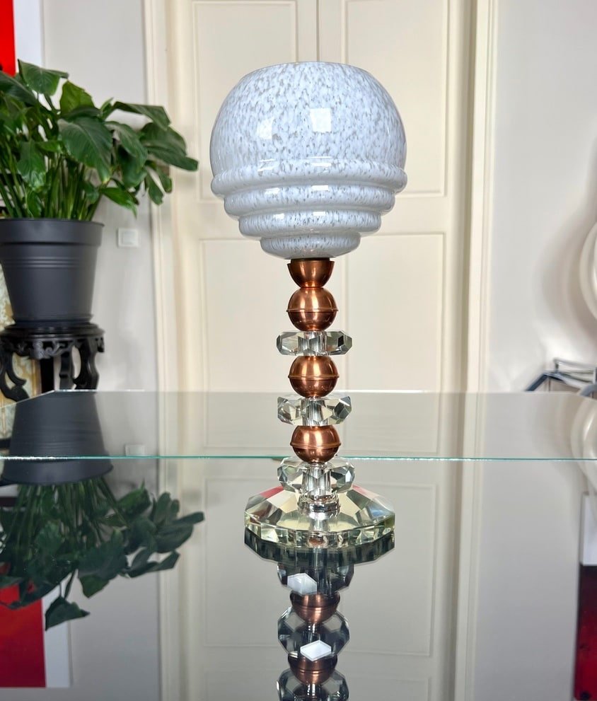 Lampe à Poser Art Déco En Cristal et Cuivre - Globe en Verre Clichy Blanc