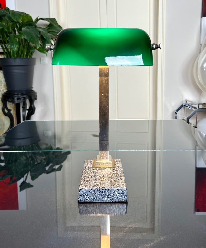 Vintage Desk Lamp In Chromed Metal And Green Opaline-photo-4