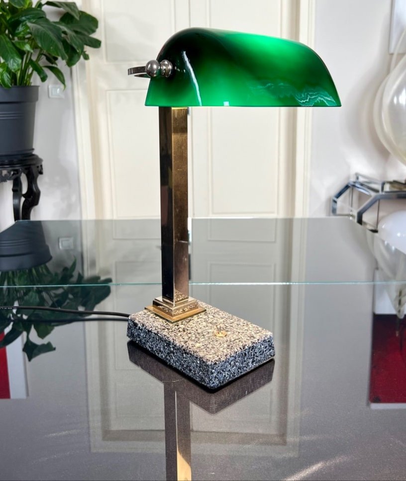Vintage Desk Lamp In Chromed Metal And Green Opaline