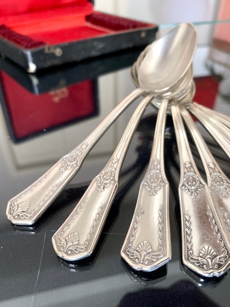 Dessert Spoons In Silver Metal Housed In Their Box-photo-1