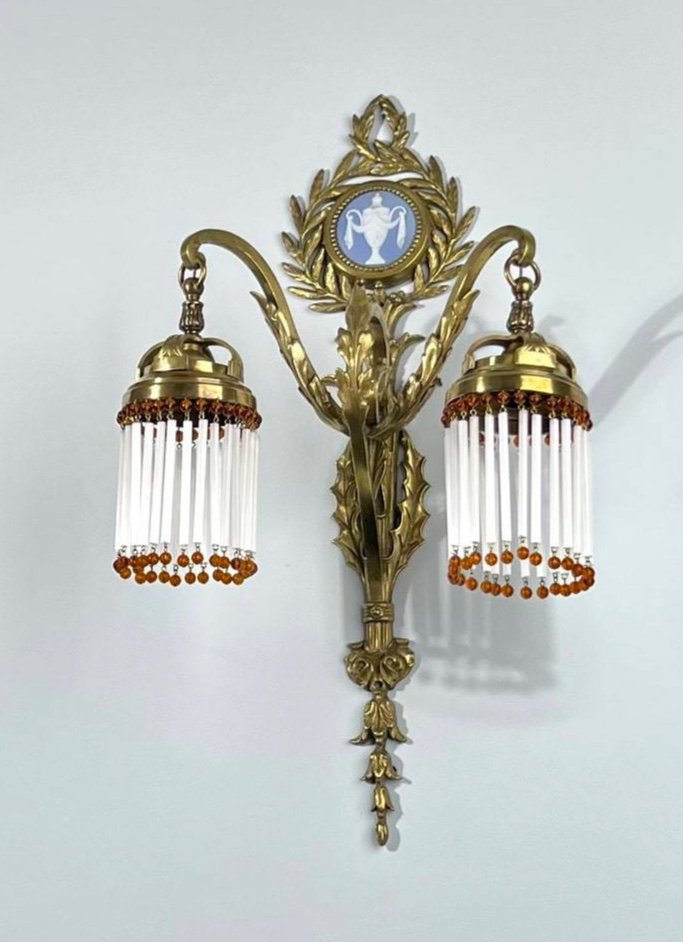 Wall Lamp In Porcelain Bronze And Glass Beads - Late Nineteenth Early Twentieth Century