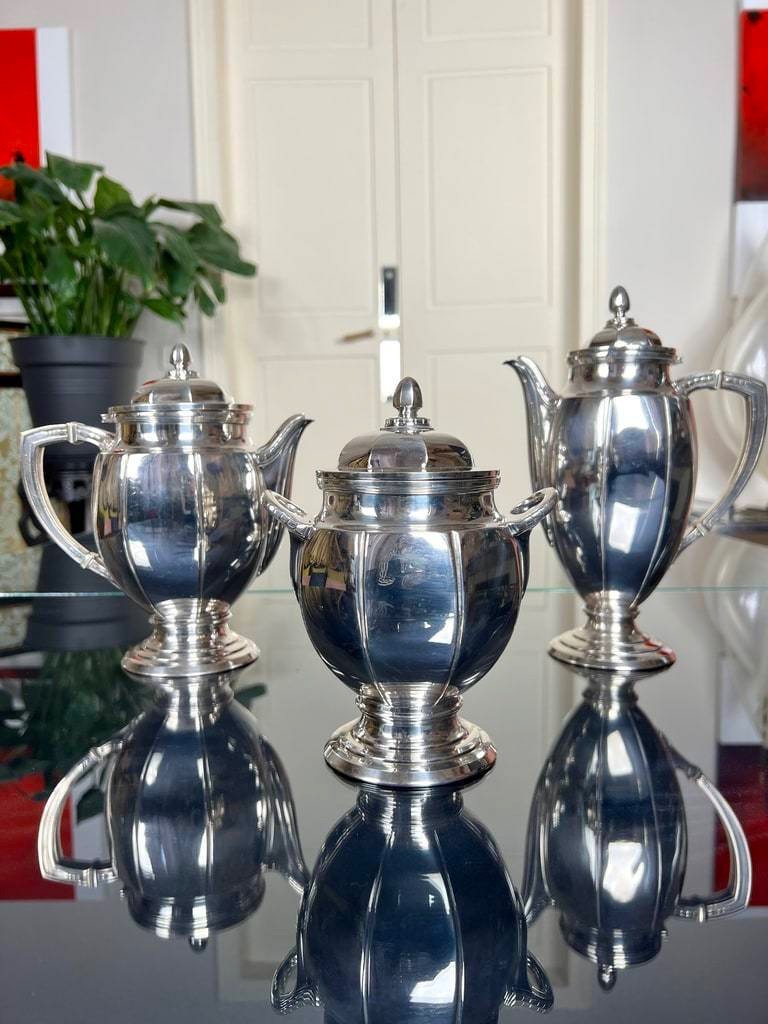 Art Deco Tea And Coffee Service - Teapot Jug Sugar Bowl - Shaped Pieces In Silver Metal-photo-5