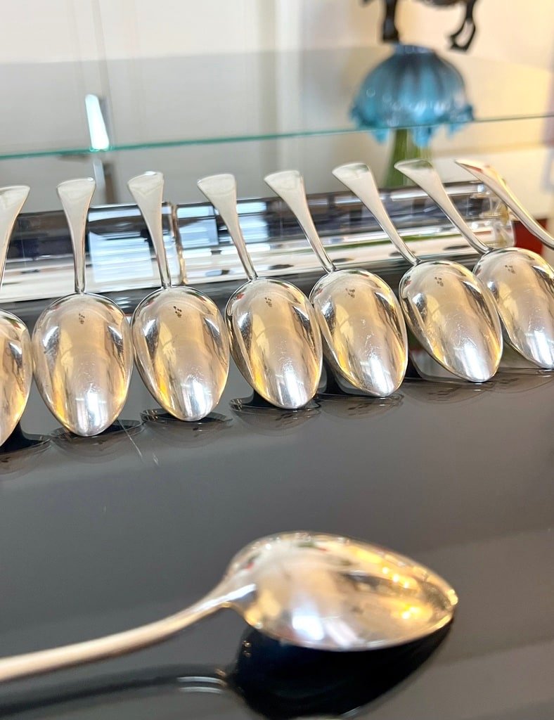 12 White Metal Dessert Spoons - Table Cutlery-photo-3