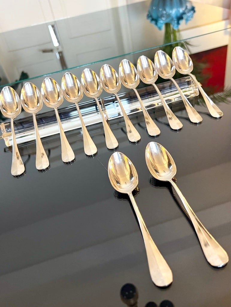 12 White Metal Dessert Spoons - Table Cutlery-photo-2