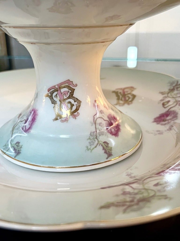 Porcelain Compotier And Serving Dish - Romantic Decor Monograms Carnation Flowers-photo-3
