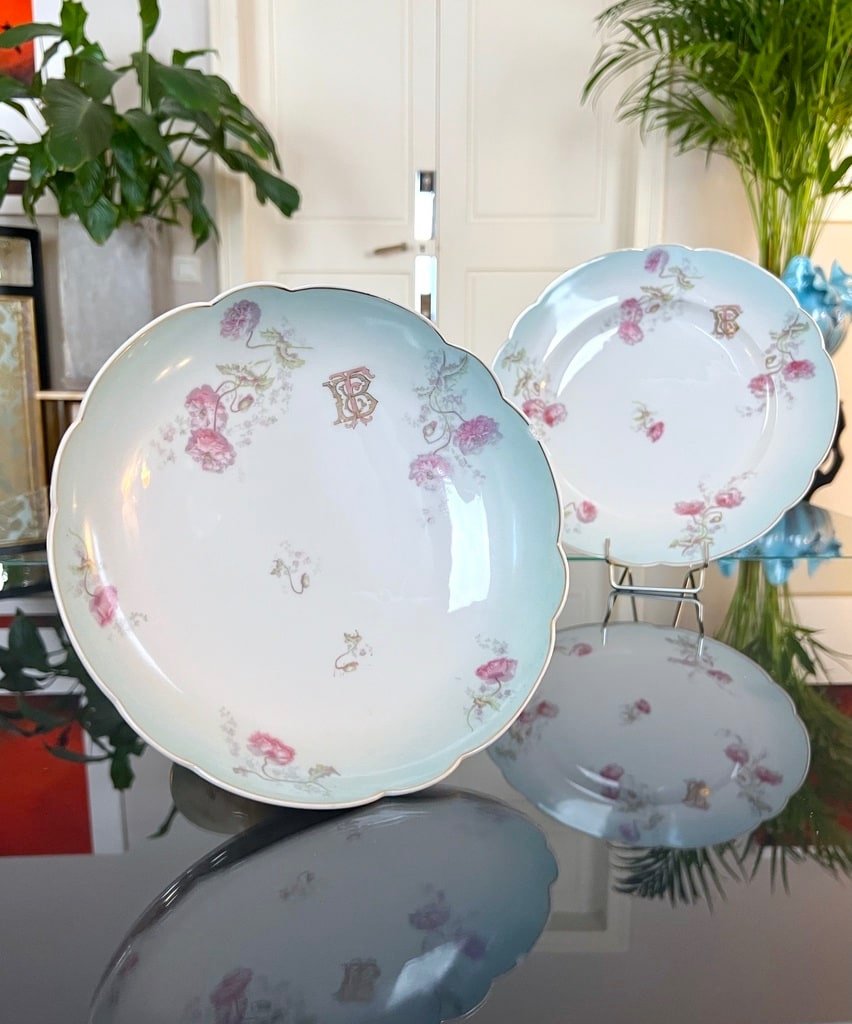 Porcelain Compotier And Serving Dish - Romantic Decor Monograms Carnation Flowers-photo-2