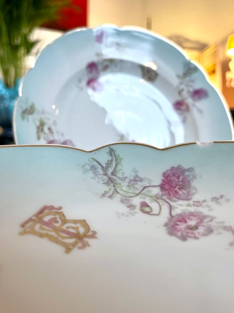 Porcelain Compotier And Serving Dish - Romantic Decor Monograms Carnation Flowers-photo-3