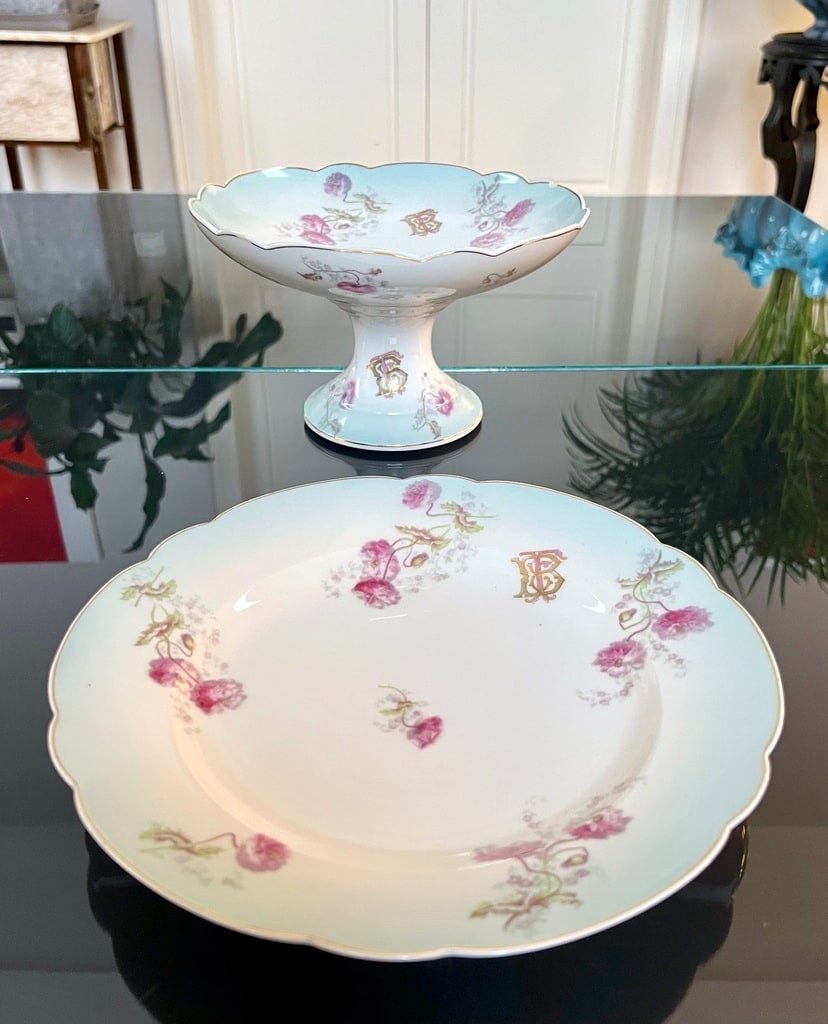 Porcelain Compotier And Serving Dish - Romantic Decor Monograms Carnation Flowers-photo-6