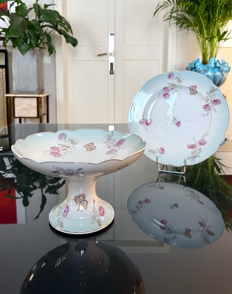 Porcelain Compotier And Serving Dish - Romantic Decor Monograms Carnation Flowers