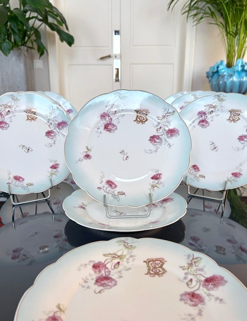 Assiettes &agrave; Entremets Dessert En Porcelaine - D&eacute;cor Romantique Initiales TB - Service De Table-photo-2