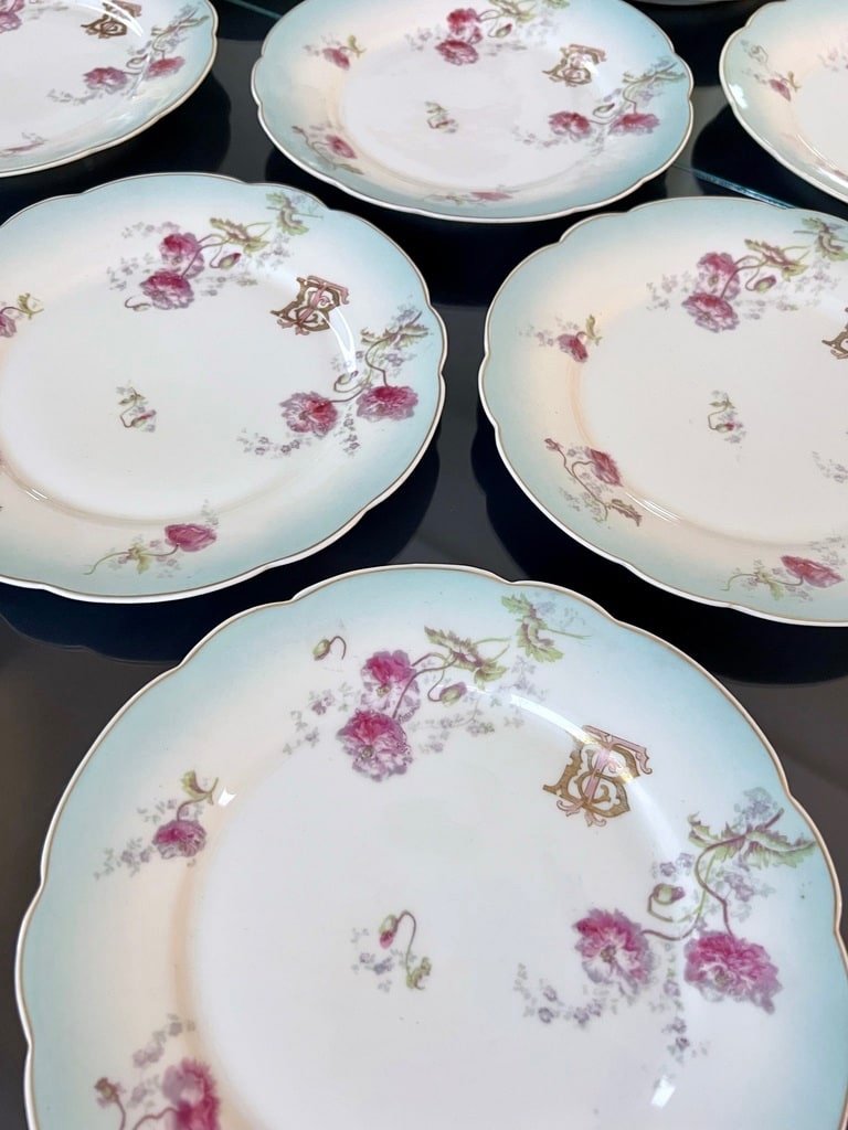 Assiettes &agrave; Entremets Dessert En Porcelaine - D&eacute;cor Romantique Initiales TB - Service De Table-photo-5