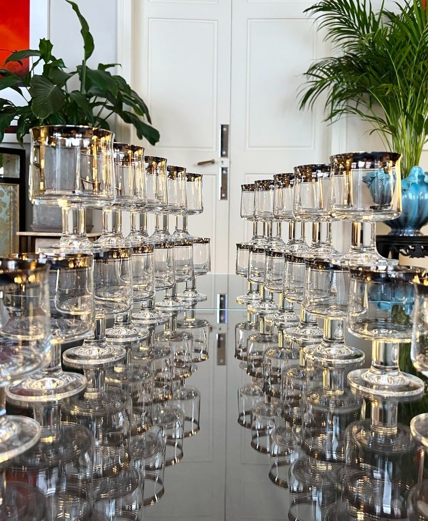 12 Verres &agrave; Eau Et 12 Verres &agrave; Vin En Cristal Filets Platine - Service Vintage 1970-photo-3