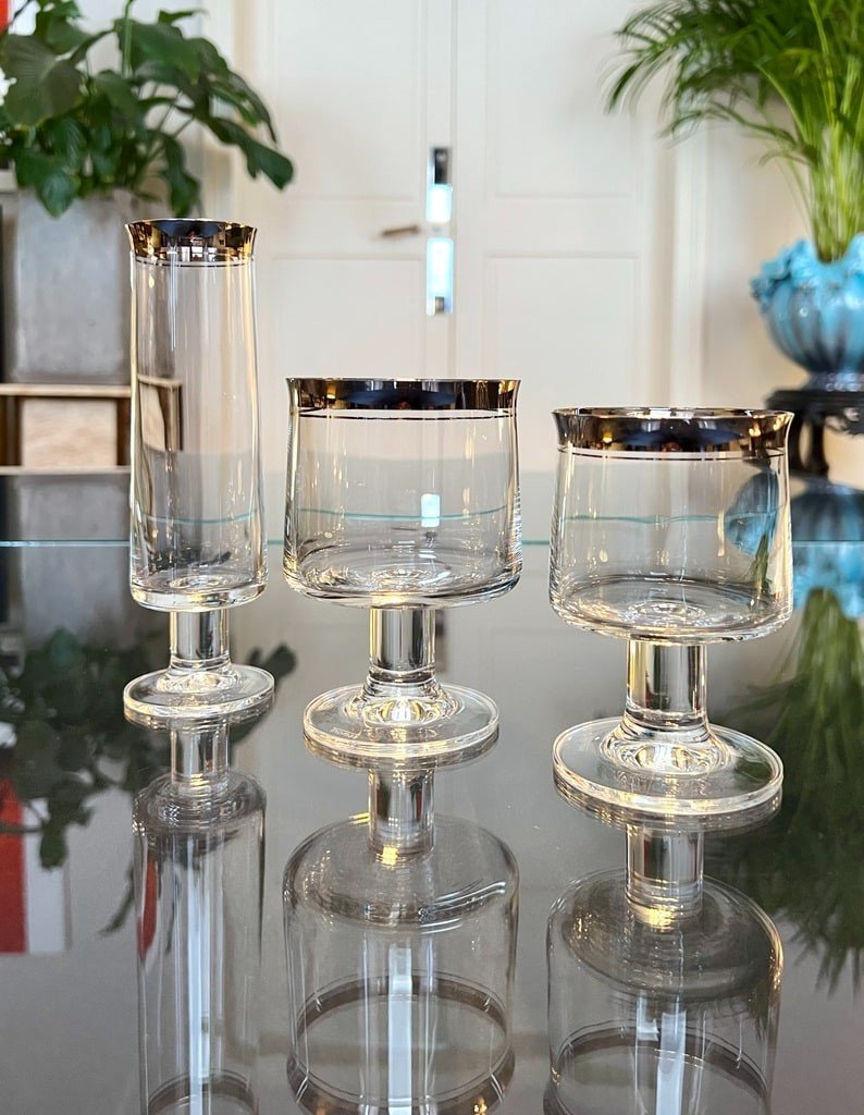 12 Verres &agrave; Eau Et 12 Verres &agrave; Vin En Cristal Filets Platine - Service Vintage 1970-photo-7