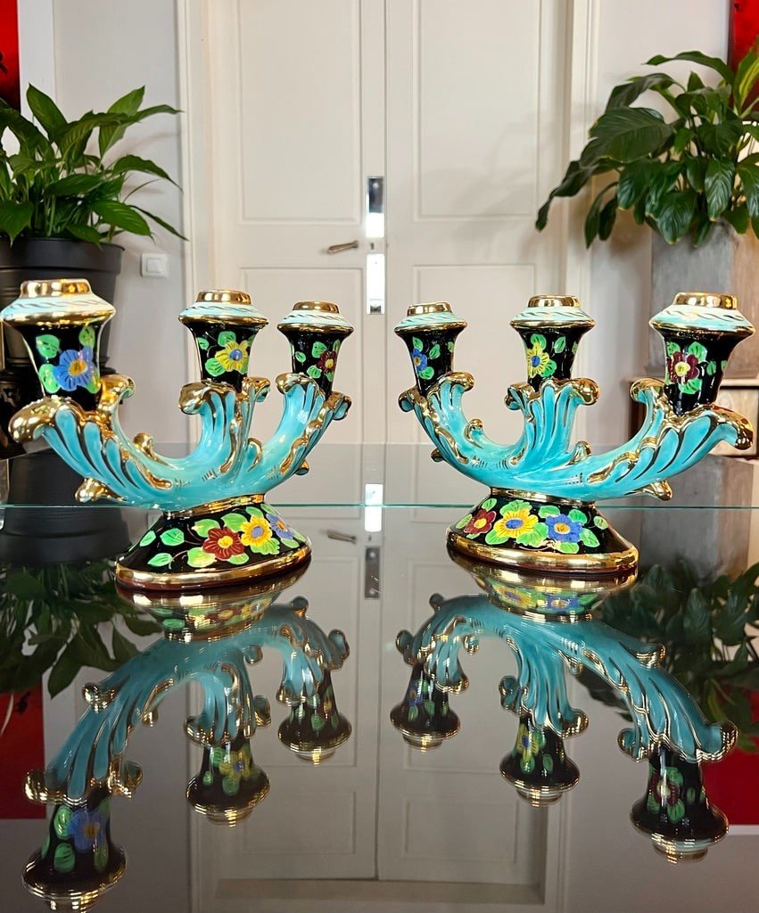 Monaco Earthenware Candlesticks - Vintage 1960 - Turquoise Black And Gold-photo-3