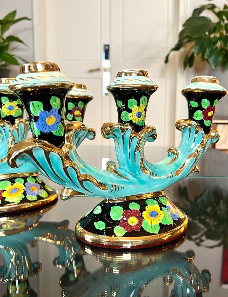 Monaco Earthenware Candlesticks - Vintage 1960 - Turquoise Black And Gold-photo-2