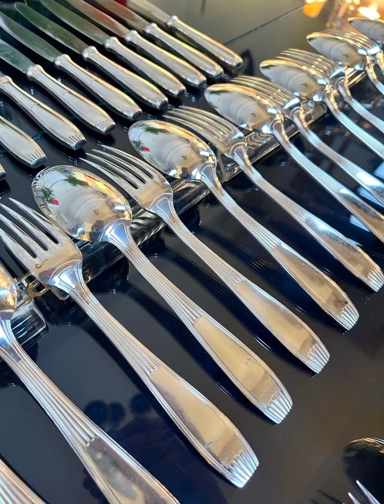 Alfenide Metal Cutlery - Christofle Art Deco Cutlery Set - White Metal-photo-5