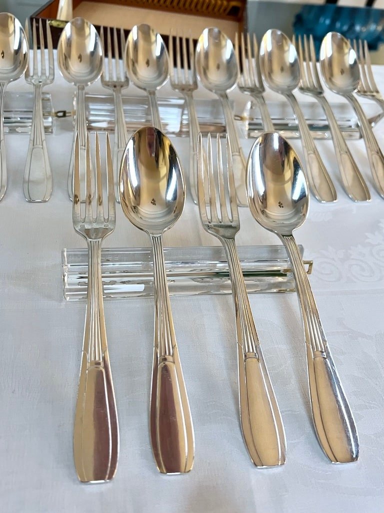 Coffret De 24 Pièces En Métal Blanc Alfénide - Couverts Art Déco-photo-1