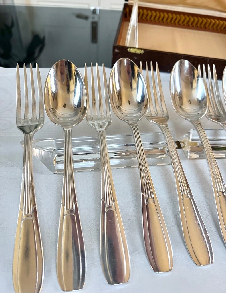 Coffret De 24 Pièces En Métal Blanc Alfénide - Couverts Art Déco-photo-7