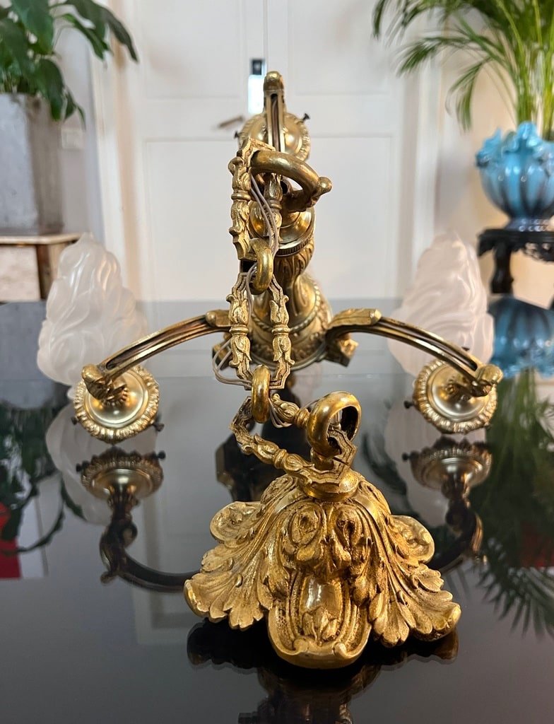 Lustre En Bronze Inspiration Louis XVI - Globes Verre Dépoli - Fin XIXe Début XXe Siècle-photo-4