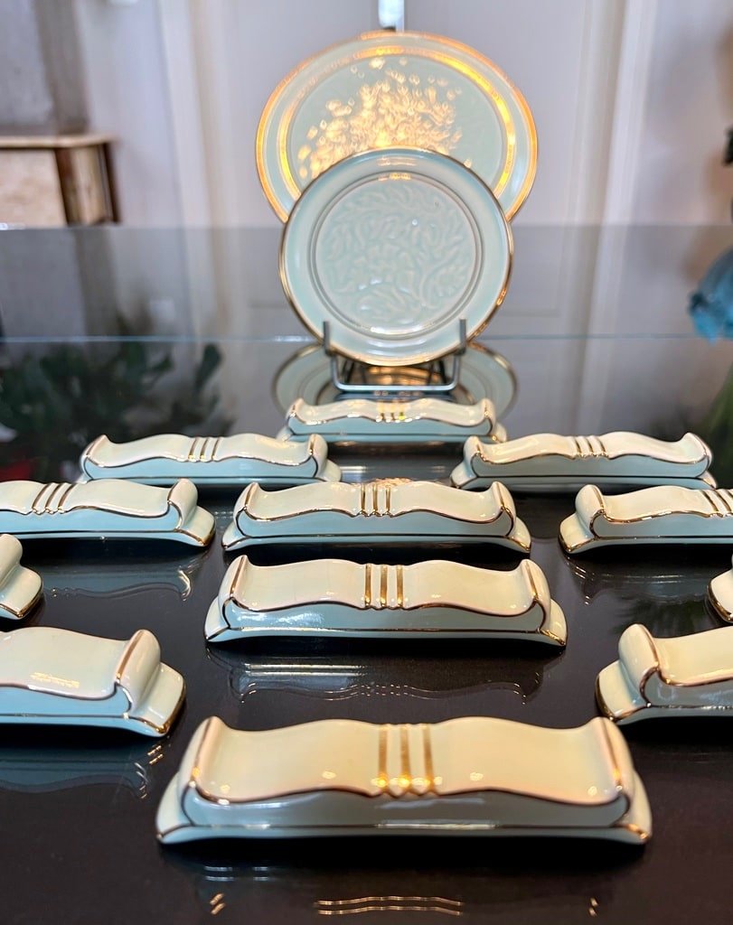 Knife Holder Box - Coaster - Pair Of Art Deco Porcelain Bottle Coasters