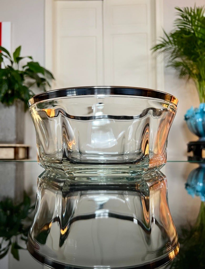 Glass And Silver Metal Serving Bowl Salad Bowl - Art Deco -photo-3