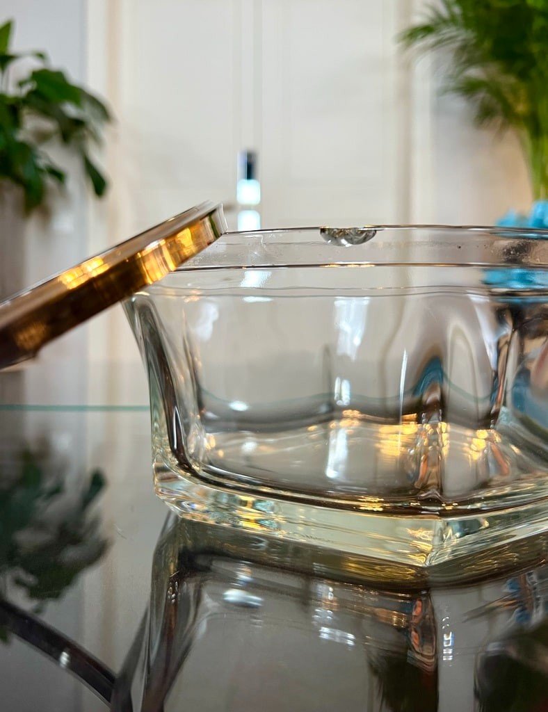 Glass And Silver Metal Serving Bowl Salad Bowl - Art Deco -photo-1