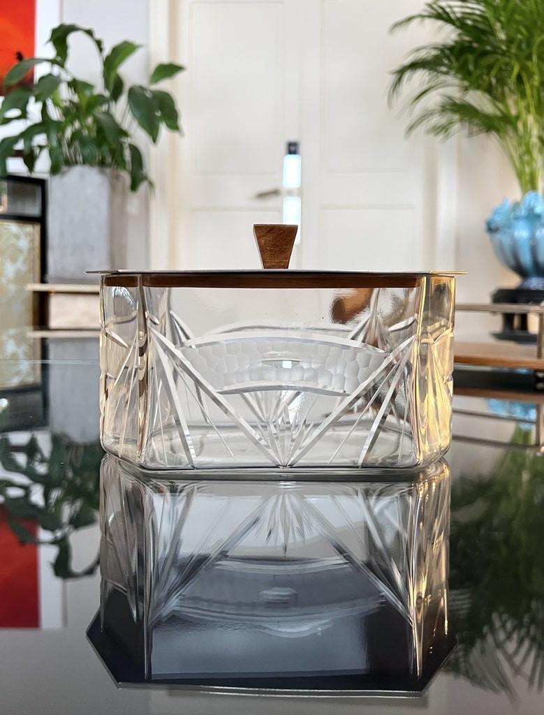 Glass Biscuit Box - Wood And Metal Tray - Art Deco Biscuit Maker-photo-3