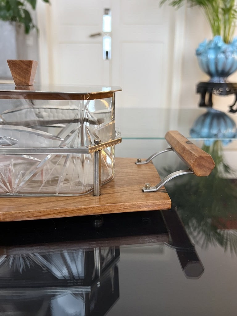 Glass Biscuit Box - Wood And Metal Tray - Art Deco Biscuit Maker-photo-4