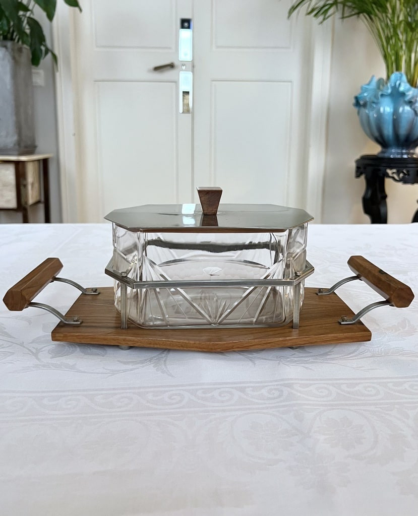 Glass Biscuit Box - Wood And Metal Tray - Art Deco Biscuit Maker-photo-1