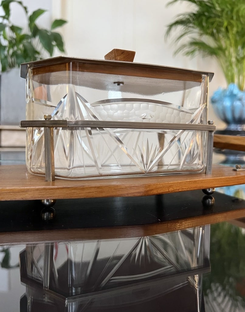 Glass Biscuit Box - Wood And Metal Tray - Art Deco Biscuit Maker-photo-7