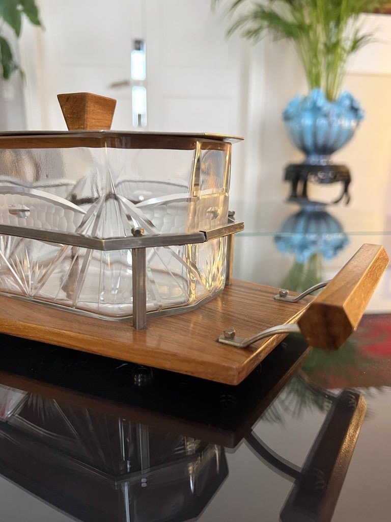 Glass Biscuit Box - Wood And Metal Tray - Art Deco Biscuit Maker-photo-8