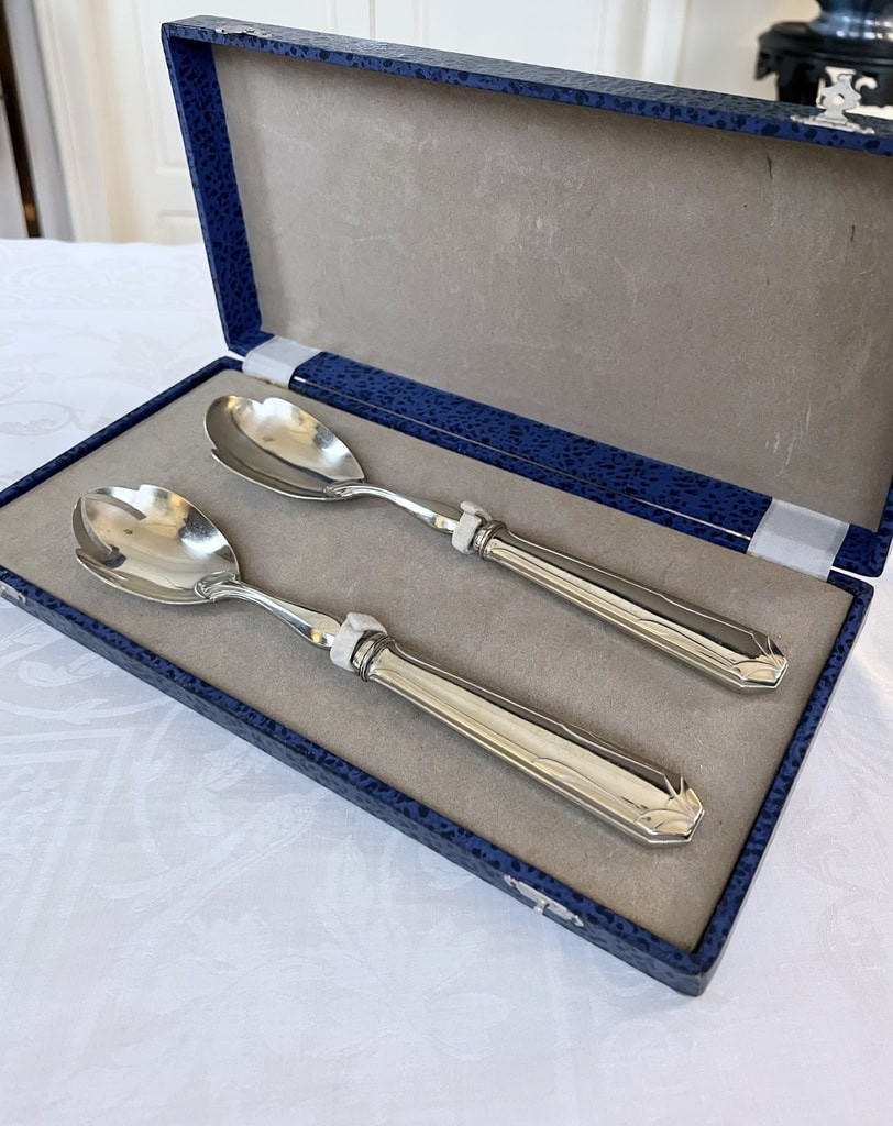 White Metal Salad Servers - Serving Spoon Set - Art Deco-photo-4