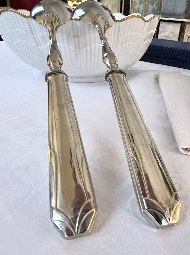 White Metal Salad Servers - Serving Spoon Set - Art Deco-photo-2
