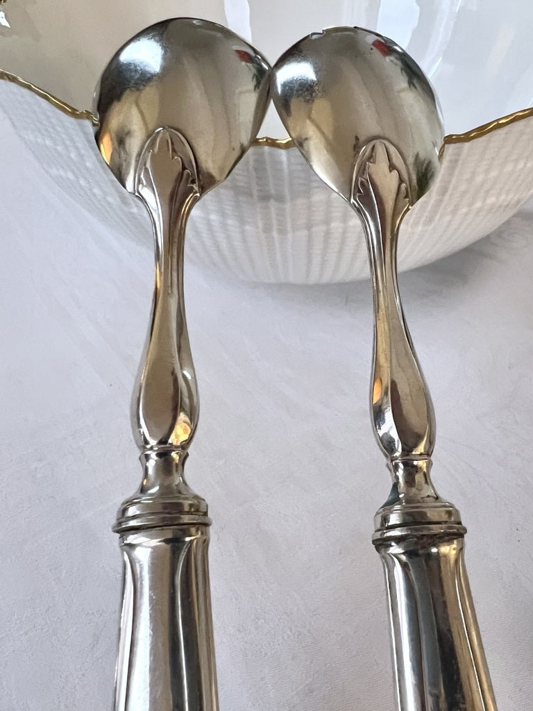 White Metal Salad Servers - Serving Spoon Set - Art Deco-photo-5