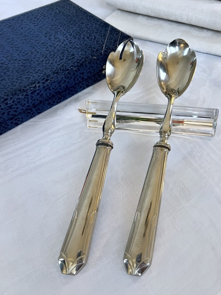 White Metal Salad Servers - Serving Spoon Set - Art Deco