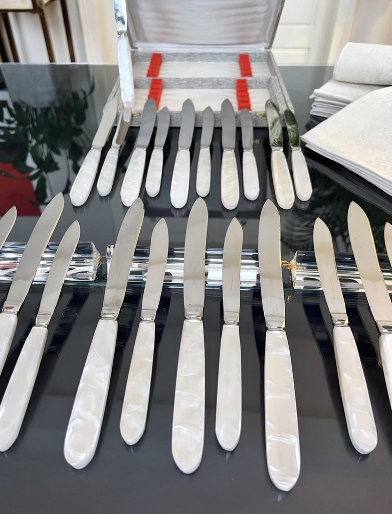 12 Vintage Table Knives And 12 Dessert Knives - Mother-of-pearl Effect Handle And Stainless Steel Blades-photo-2