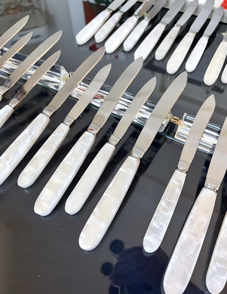 12 Vintage Table Knives And 12 Dessert Knives - Mother-of-pearl Effect Handle And Stainless Steel Blades-photo-4