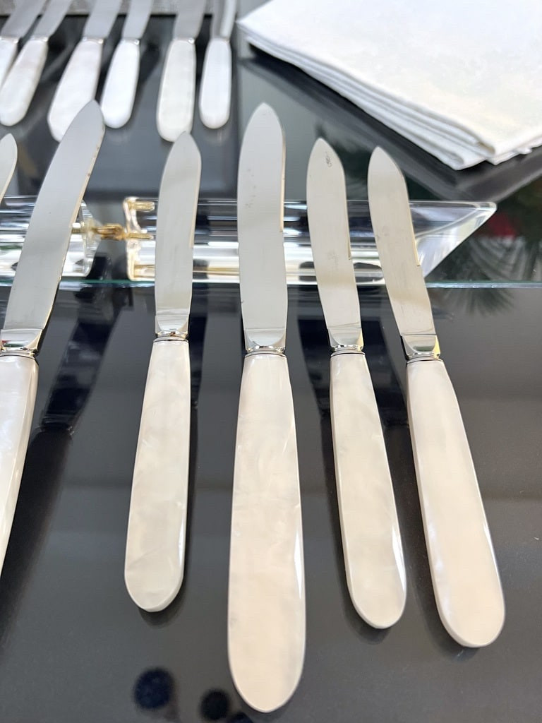12 Vintage Table Knives And 12 Dessert Knives - Mother-of-pearl Effect Handle And Stainless Steel Blades-photo-3
