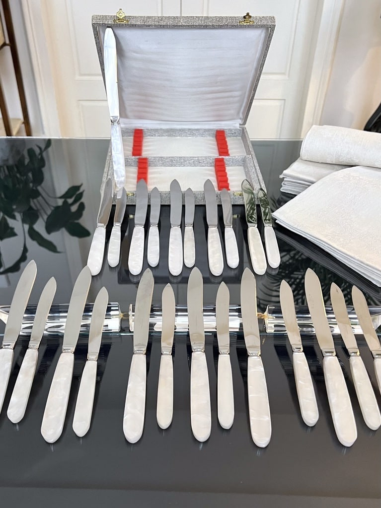 12 Vintage Table Knives And 12 Dessert Knives - Mother-of-pearl Effect Handle And Stainless Steel Blades-photo-5