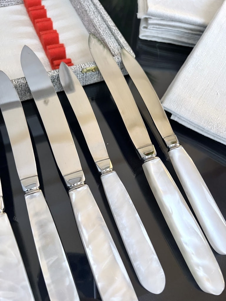 12 Vintage Table Knives And 12 Dessert Knives - Mother-of-pearl Effect Handle And Stainless Steel Blades-photo-7