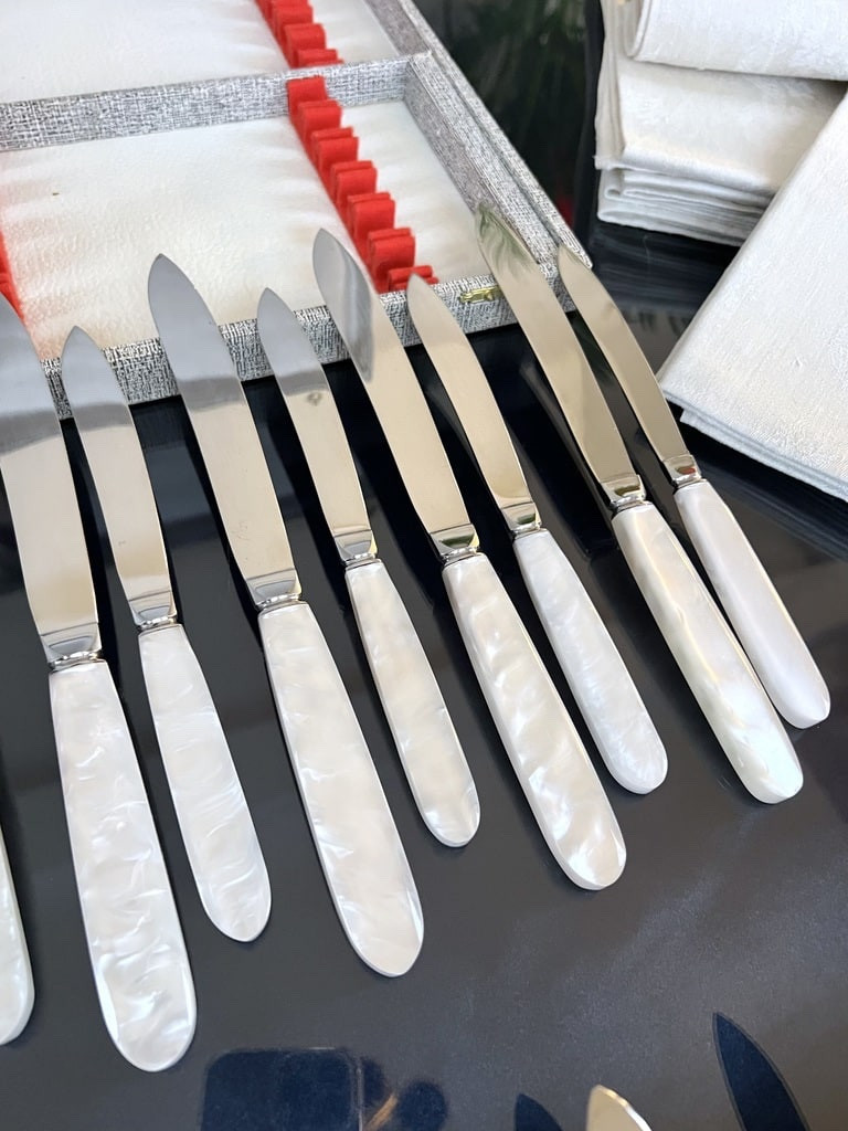 12 Vintage Table Knives And 12 Dessert Knives - Mother-of-pearl Effect Handle And Stainless Steel Blades