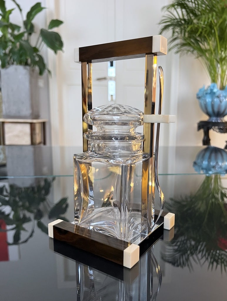 Modernist Art Deco Servant - Crystal Jar - Macassar Ebony - Bone - Chromed Metal-photo-2