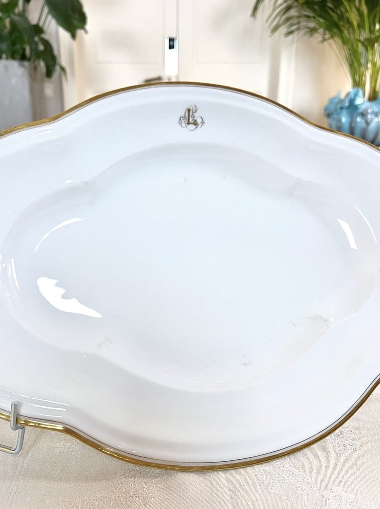 Large Oval Serving Platter - Jean Pouyat Limoges Porcelain - Monograms - Old Paris-photo-4