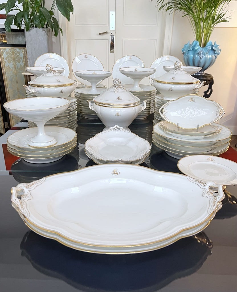 Large Oval Serving Platter - Jean Pouyat Limoges Porcelain - Monograms - Old Paris-photo-1