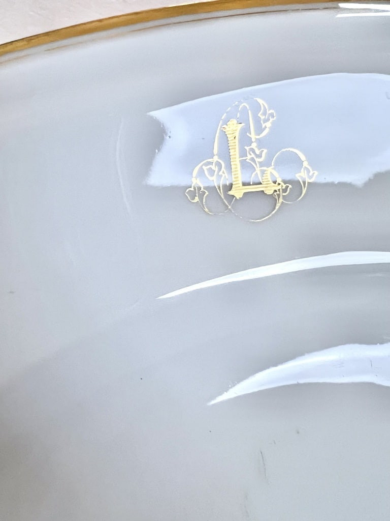 Large Oval Serving Platter - Jean Pouyat Limoges Porcelain - Monograms - Old Paris-photo-2