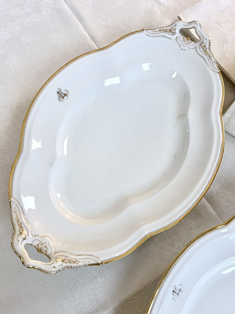 Large Oval Serving Platter - Jean Pouyat Limoges Porcelain - Monograms - Old Paris-photo-3